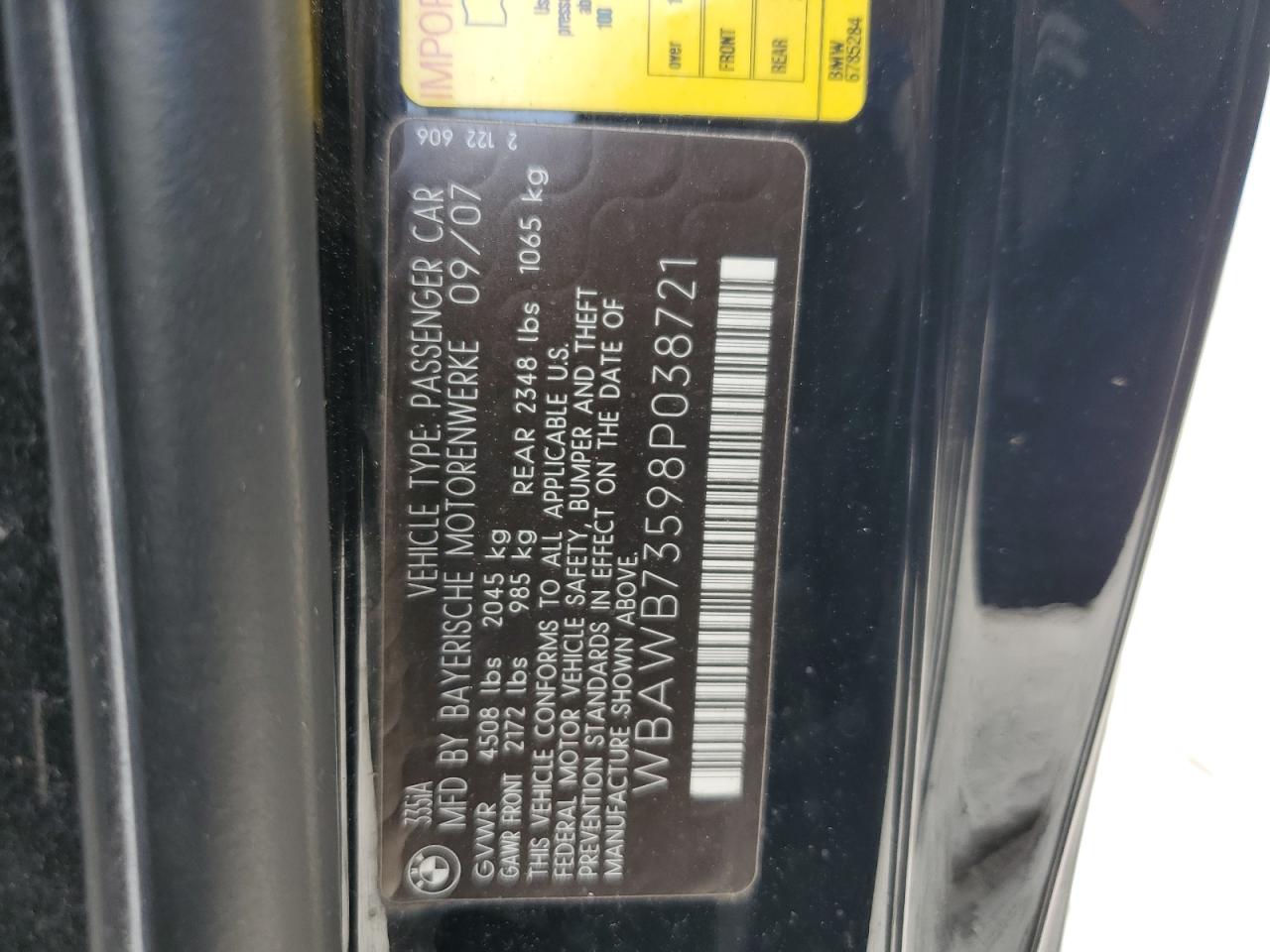 2008 BMW 335 I VIN: WBAWB73598P038721 Lot: 60343754