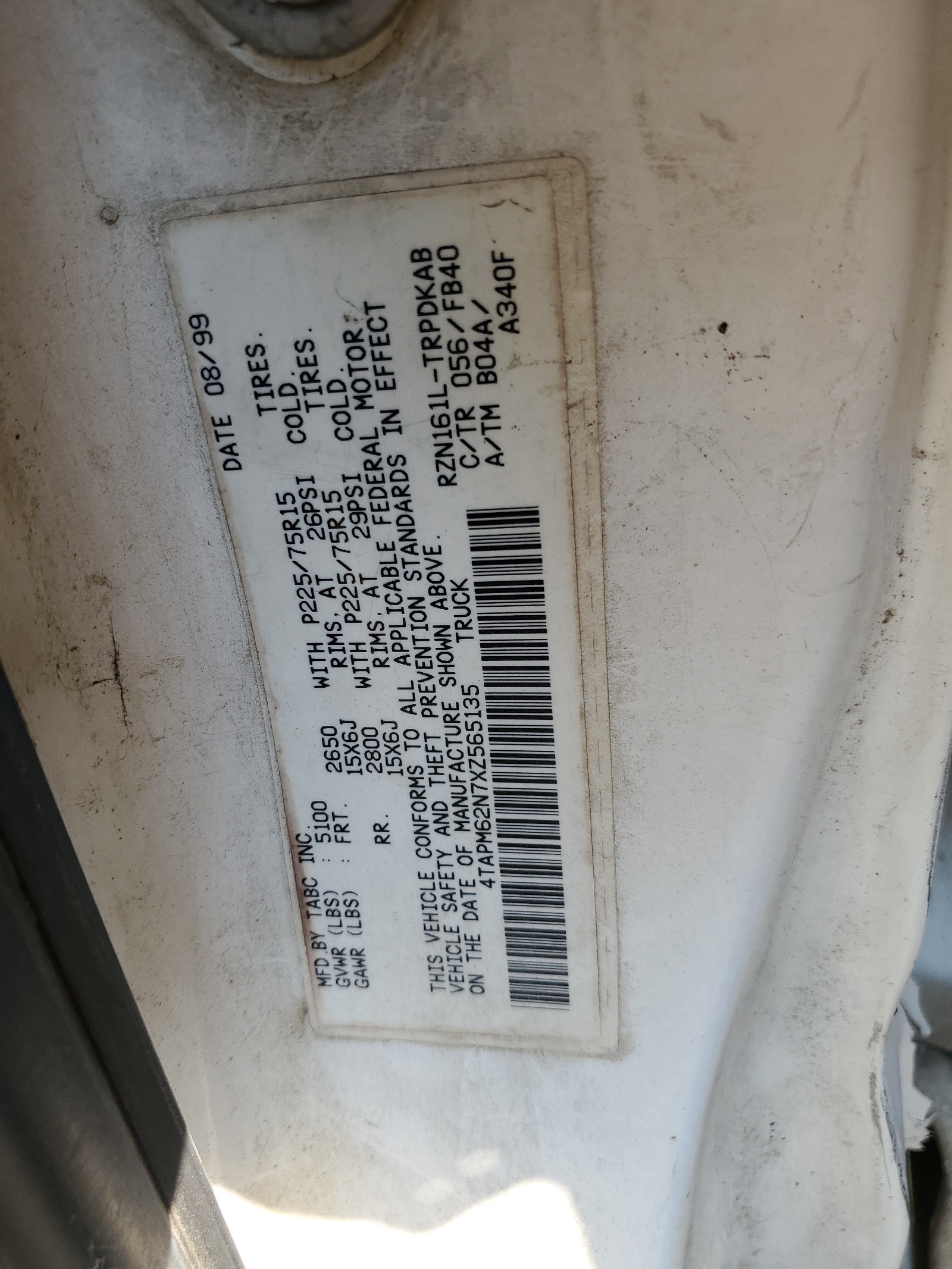 4TAPM62N7XZ565135 1999 Toyota Tacoma