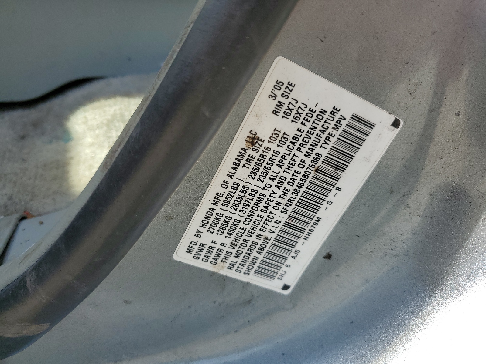 5FNRL38465B076368 2005 Honda Odyssey Ex