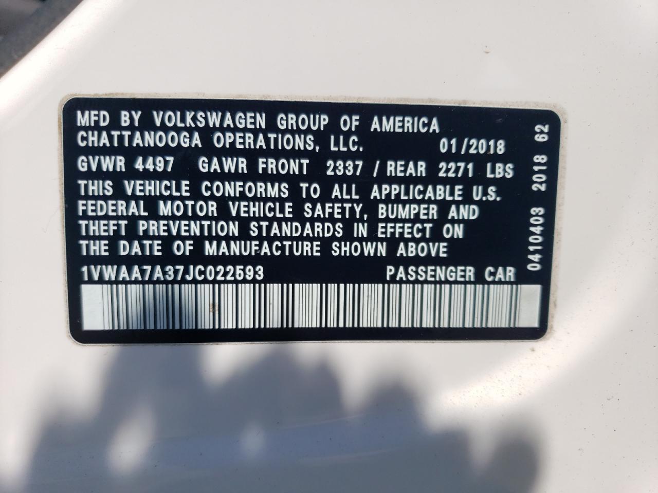 2018 Volkswagen Passat S VIN: 1VWAA7A37JC022593 Lot: 58466434