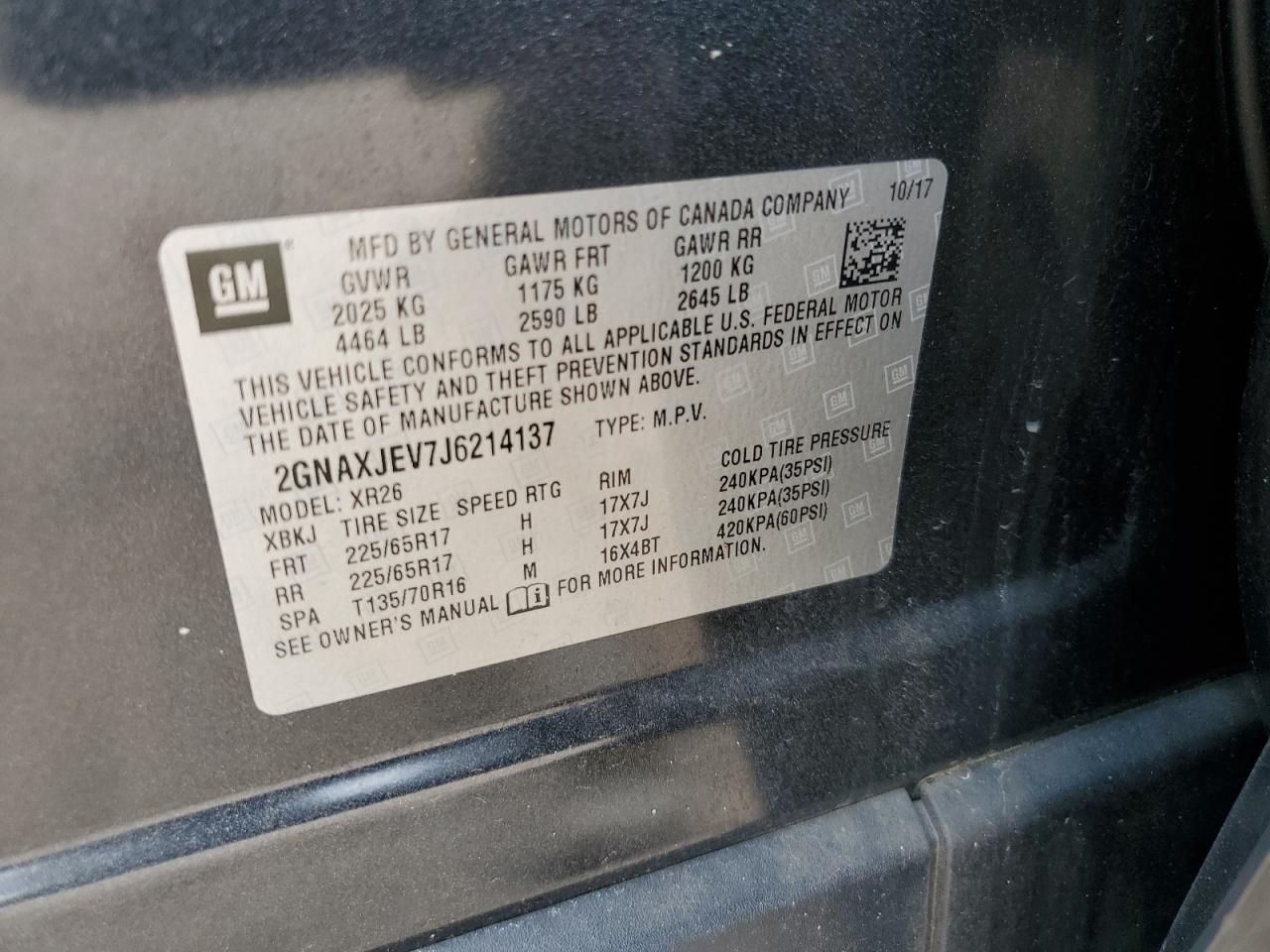 2018 Chevrolet Equinox Lt VIN: 2GNAXJEV7J6214137 Lot: 59637544