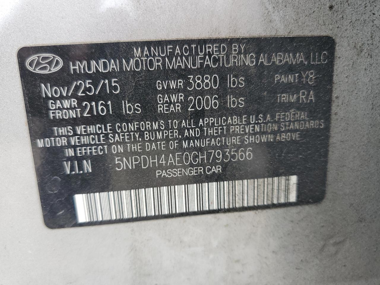 2016 Hyundai Elantra Se VIN: 5NPDH4AE0GH793566 Lot: 60039424