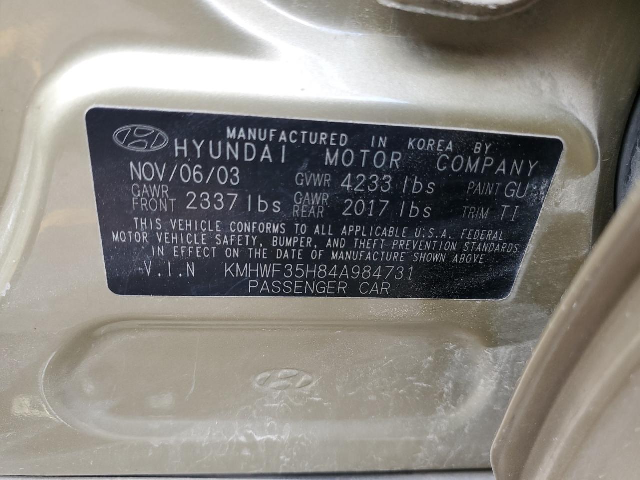 2004 Hyundai Sonata Gls VIN: KMHWF35H84A984731 Lot: 59578054