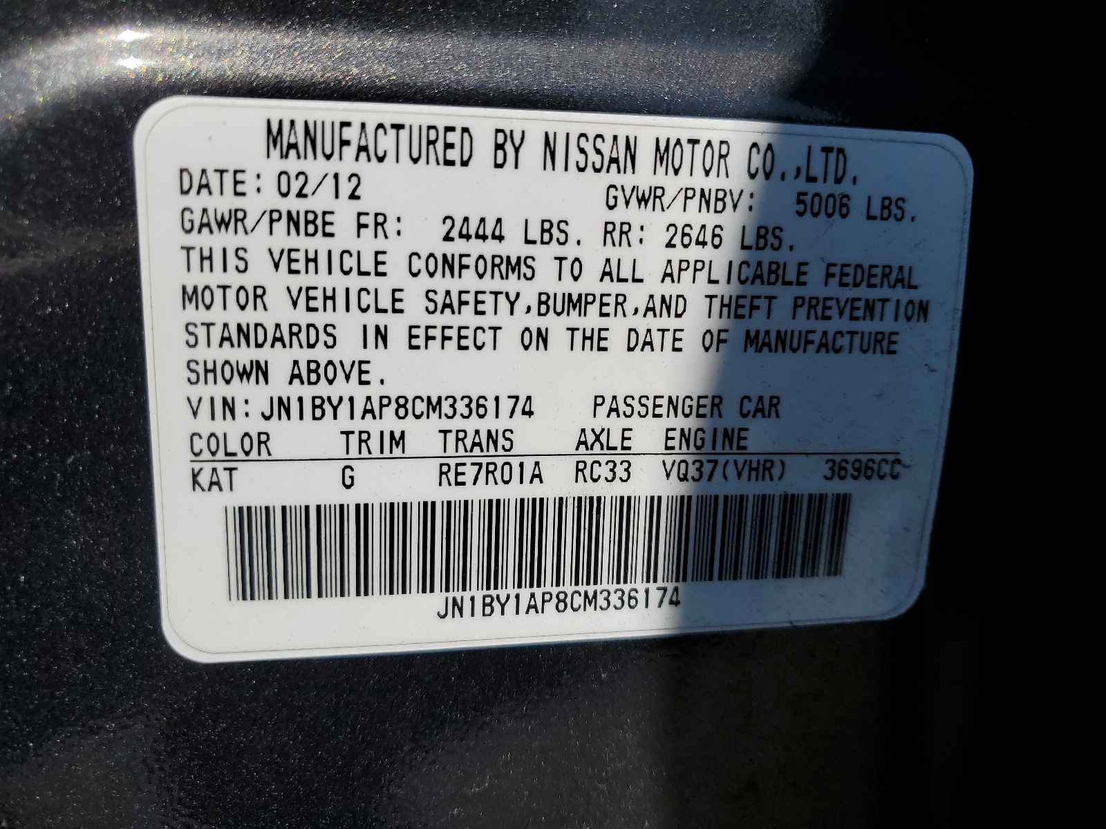 JN1BY1AP8CM336174 2012 Infiniti M37