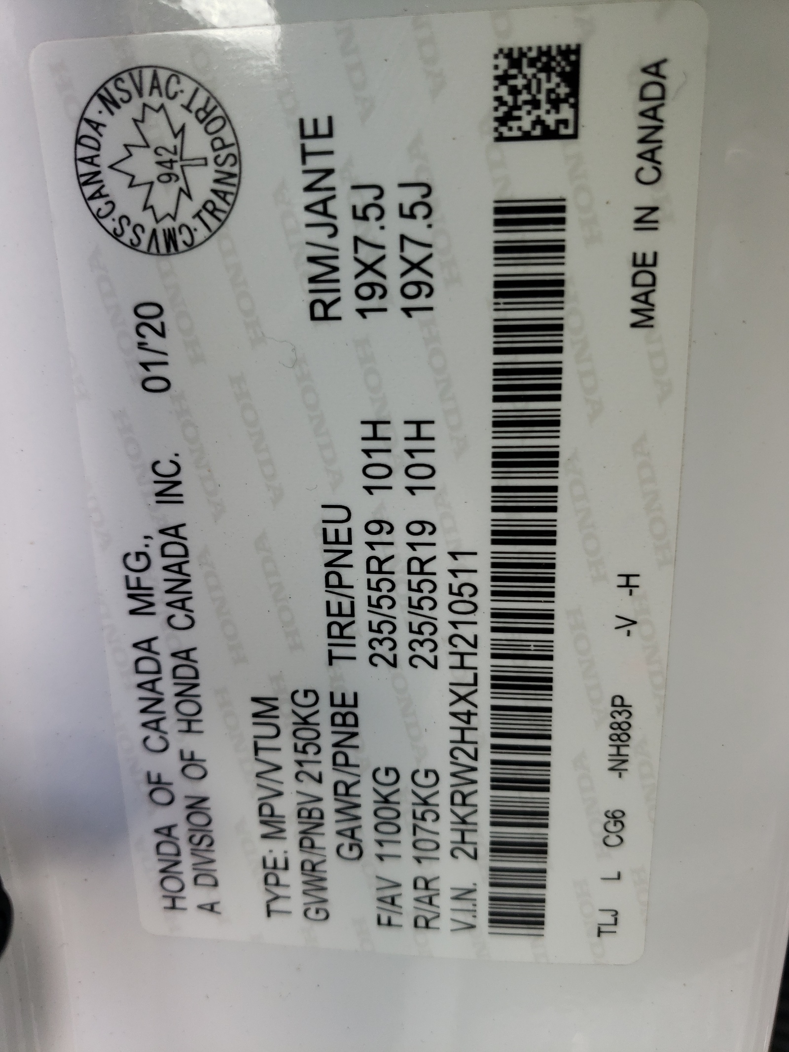 2HKRW2H4XLH210511 2020 Honda Cr-V Sport