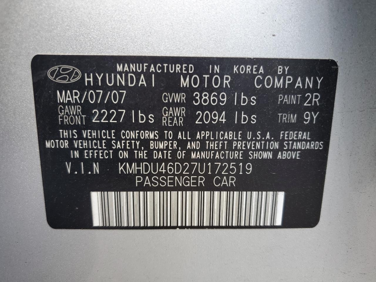 KMHDU46D27U172519 2007 Hyundai Elantra Gls