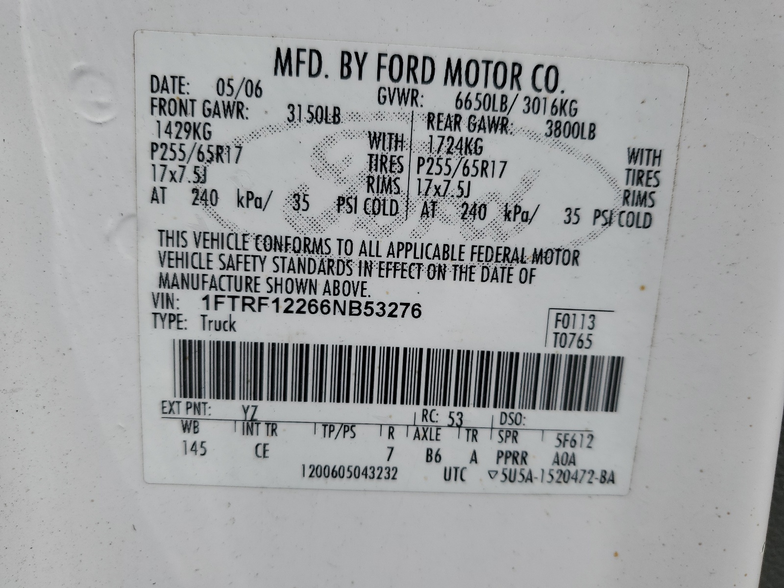 1FTRF12266NB53276 2006 Ford F150