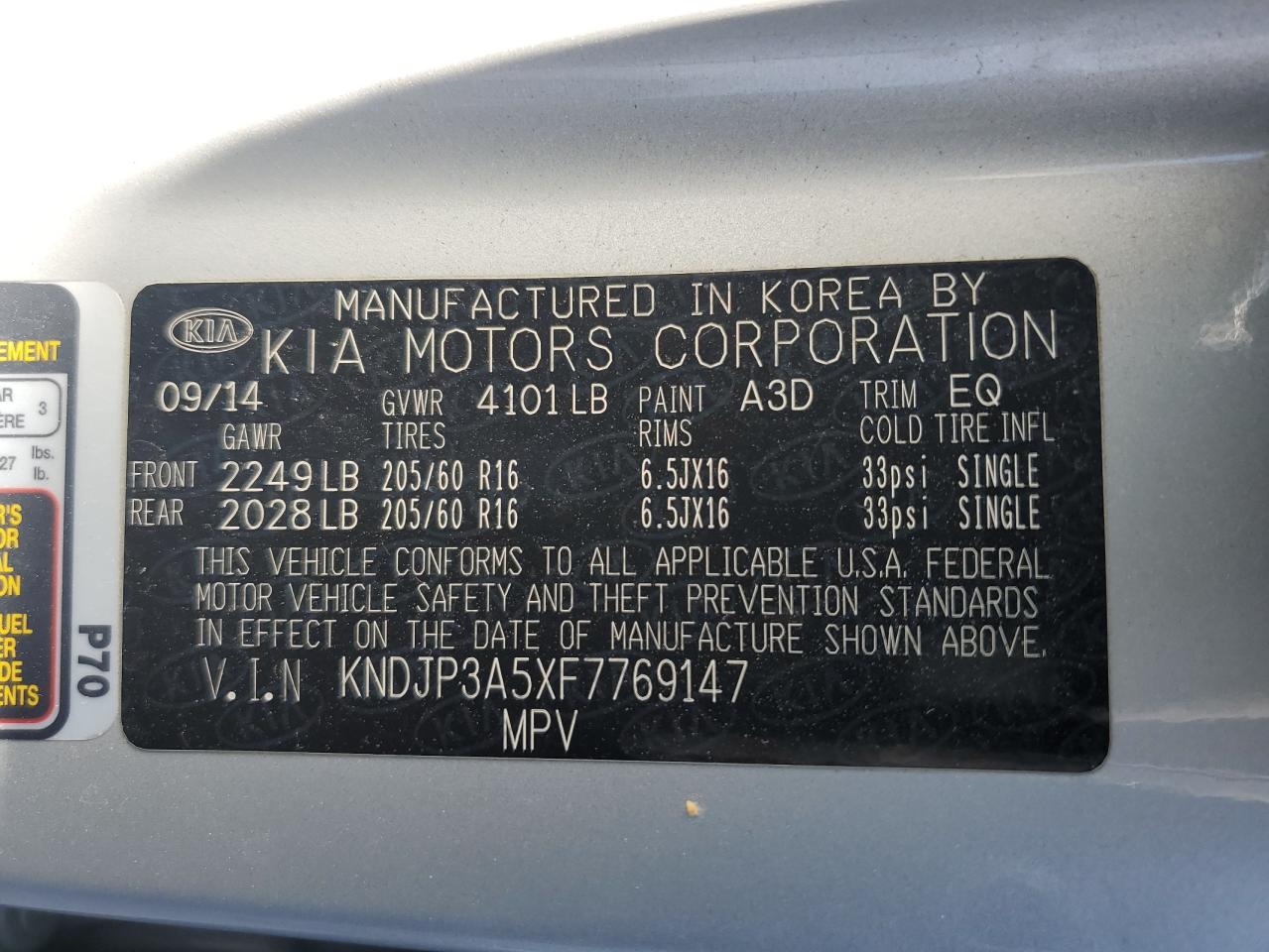 2015 Kia Soul + VIN: KNDJP3A5XF7769147 Lot: 58564894