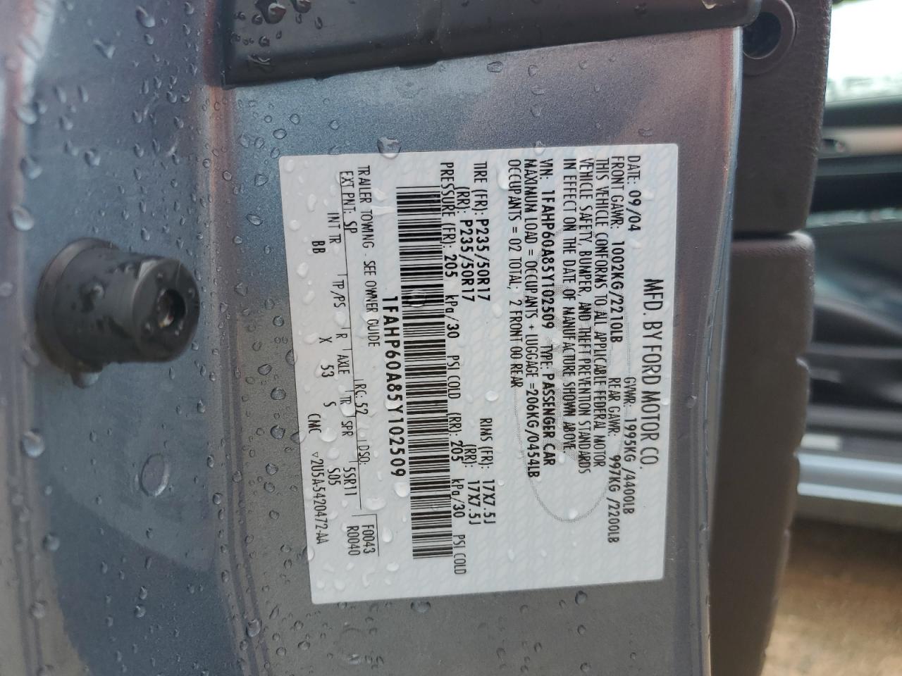 2005 Ford Thunderbird VIN: 1FAHP60A85Y102509 Lot: 57346264