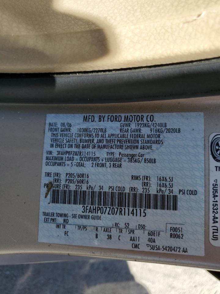 2007 Ford Fusion Se VIN: 3FAHP07Z07R114115 Lot: 58582034