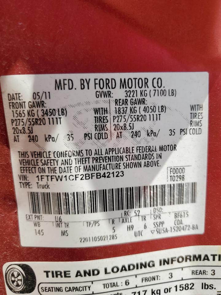 2011 Ford F150 Supercrew VIN: 1FTFW1CF2BFB42123 Lot: 59161114