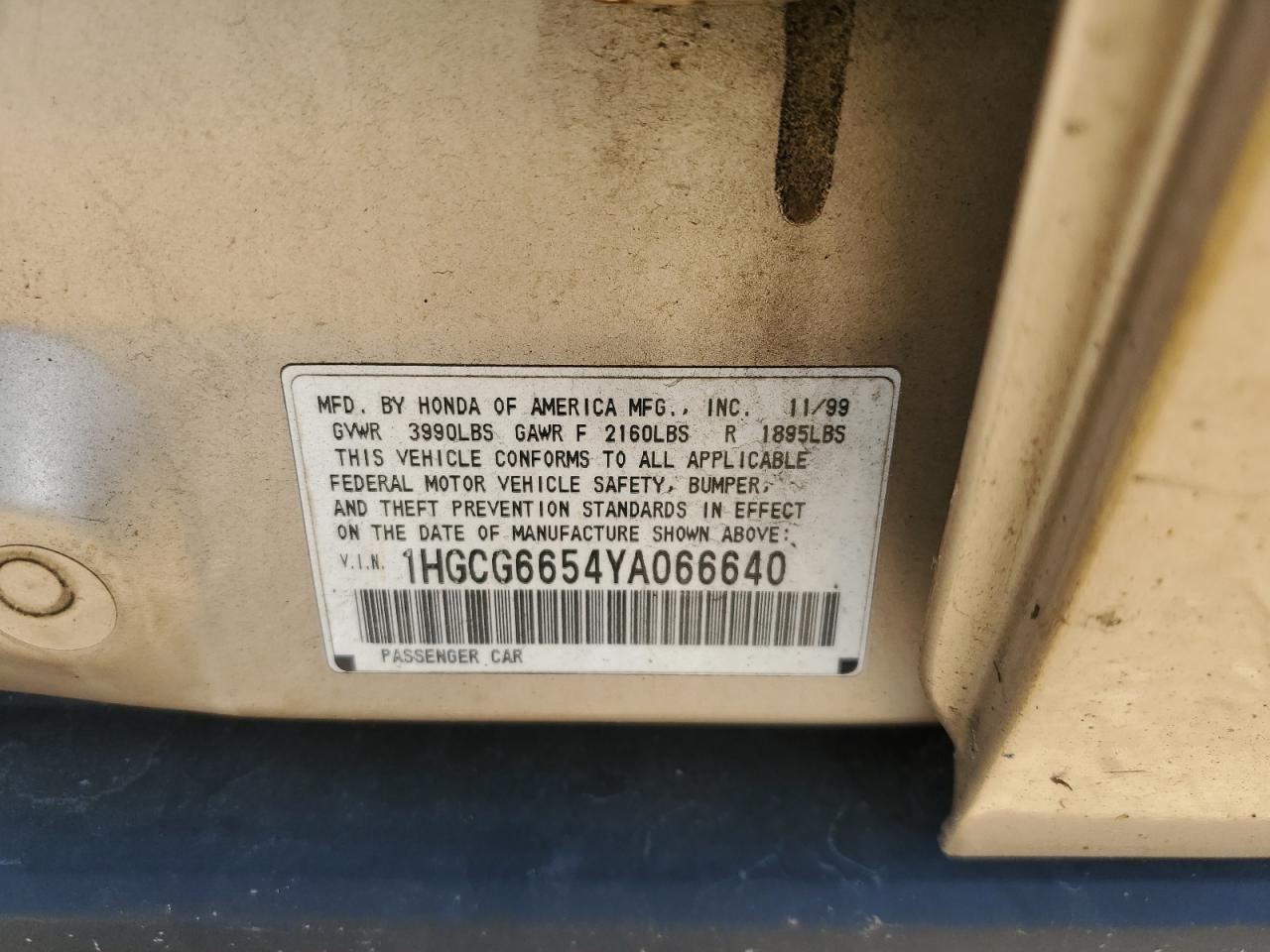 2000 Honda Accord Lx VIN: 1HGCG6654YA066640 Lot: 57385314