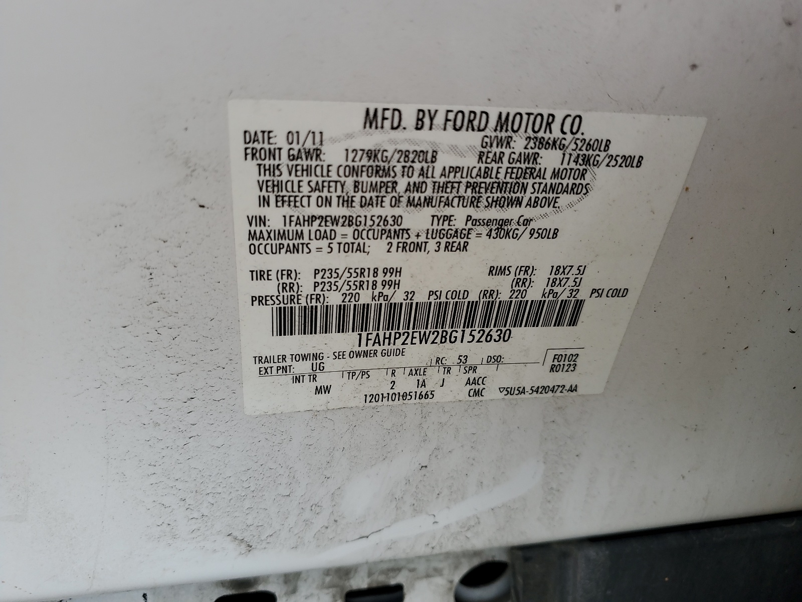 1FAHP2EW2BG152630 2011 Ford Taurus Sel