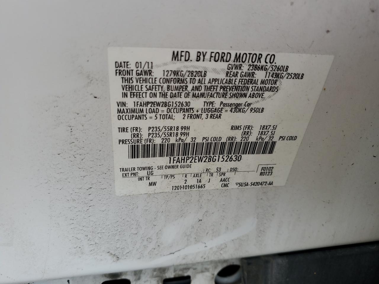 2011 Ford Taurus Sel VIN: 1FAHP2EW2BG152630 Lot: 60638564