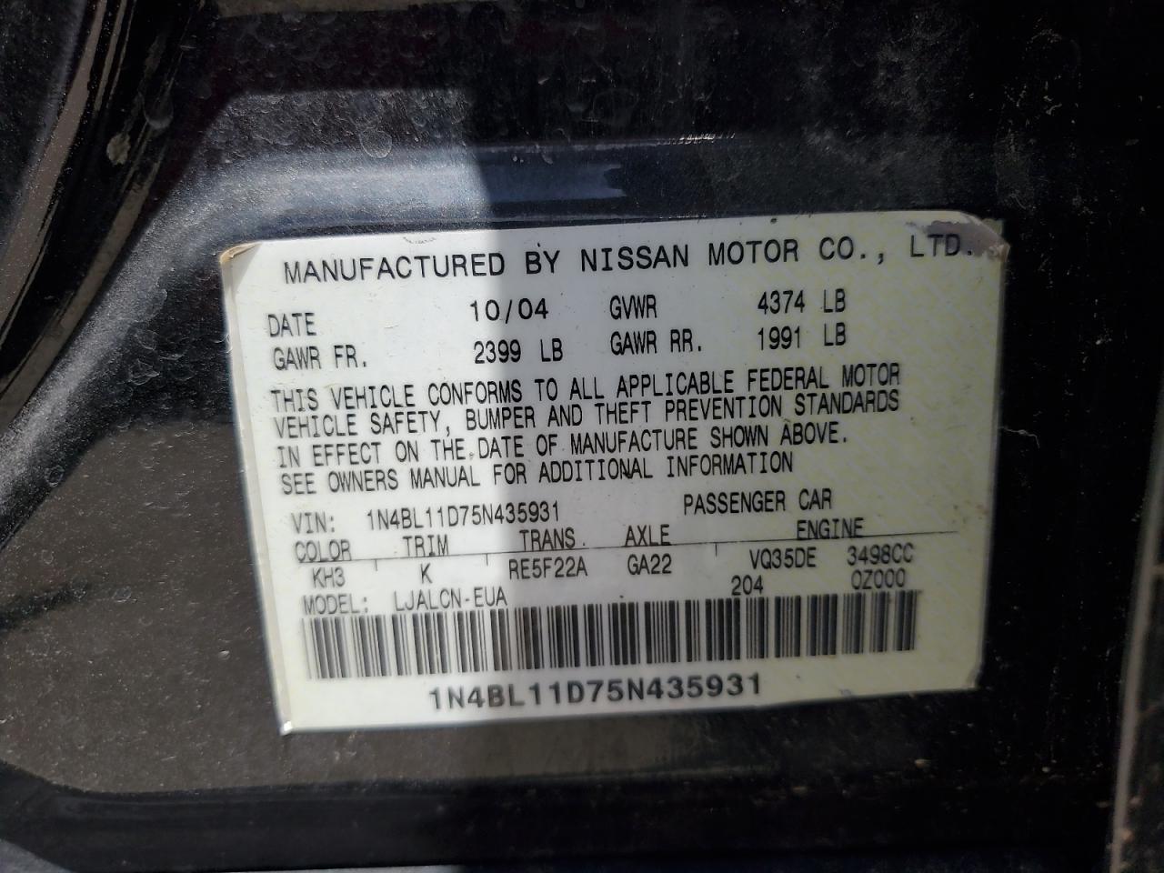 2005 Nissan Altima Se VIN: 1N4BL11D75N435931 Lot: 60152864