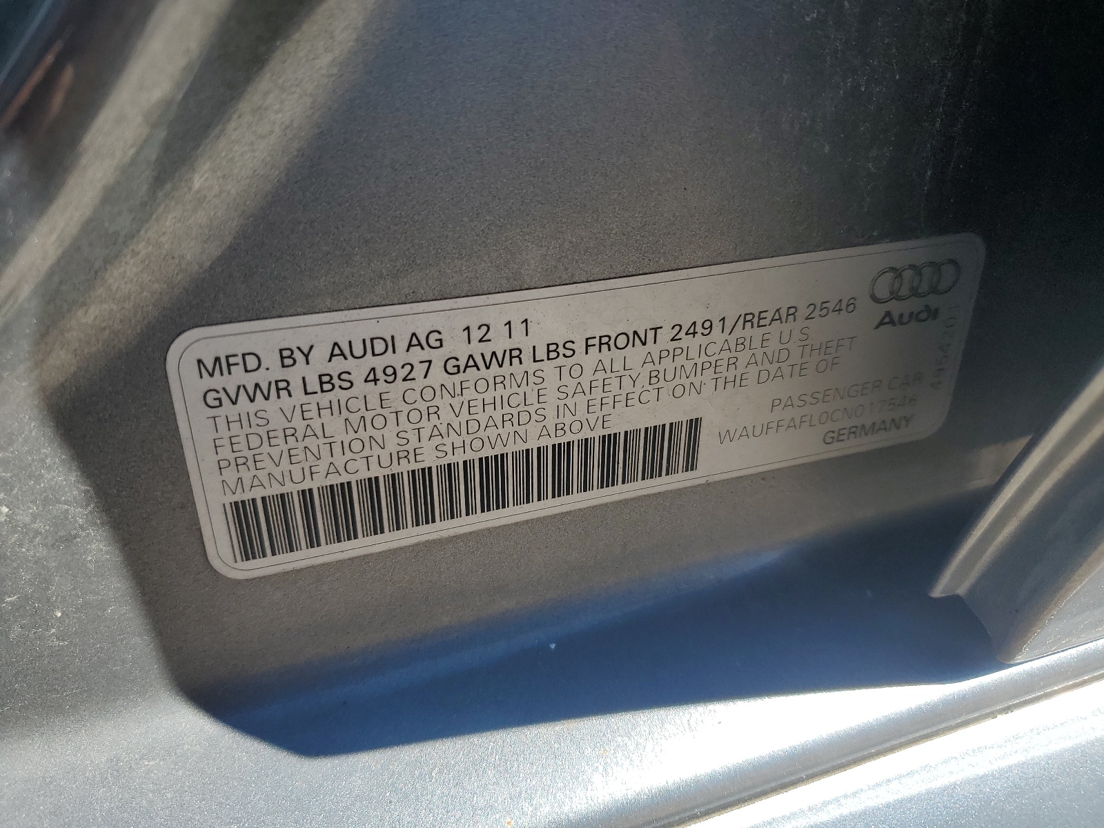 WAUFFAFL0CN017546 2012 Audi A4 Premium Plus