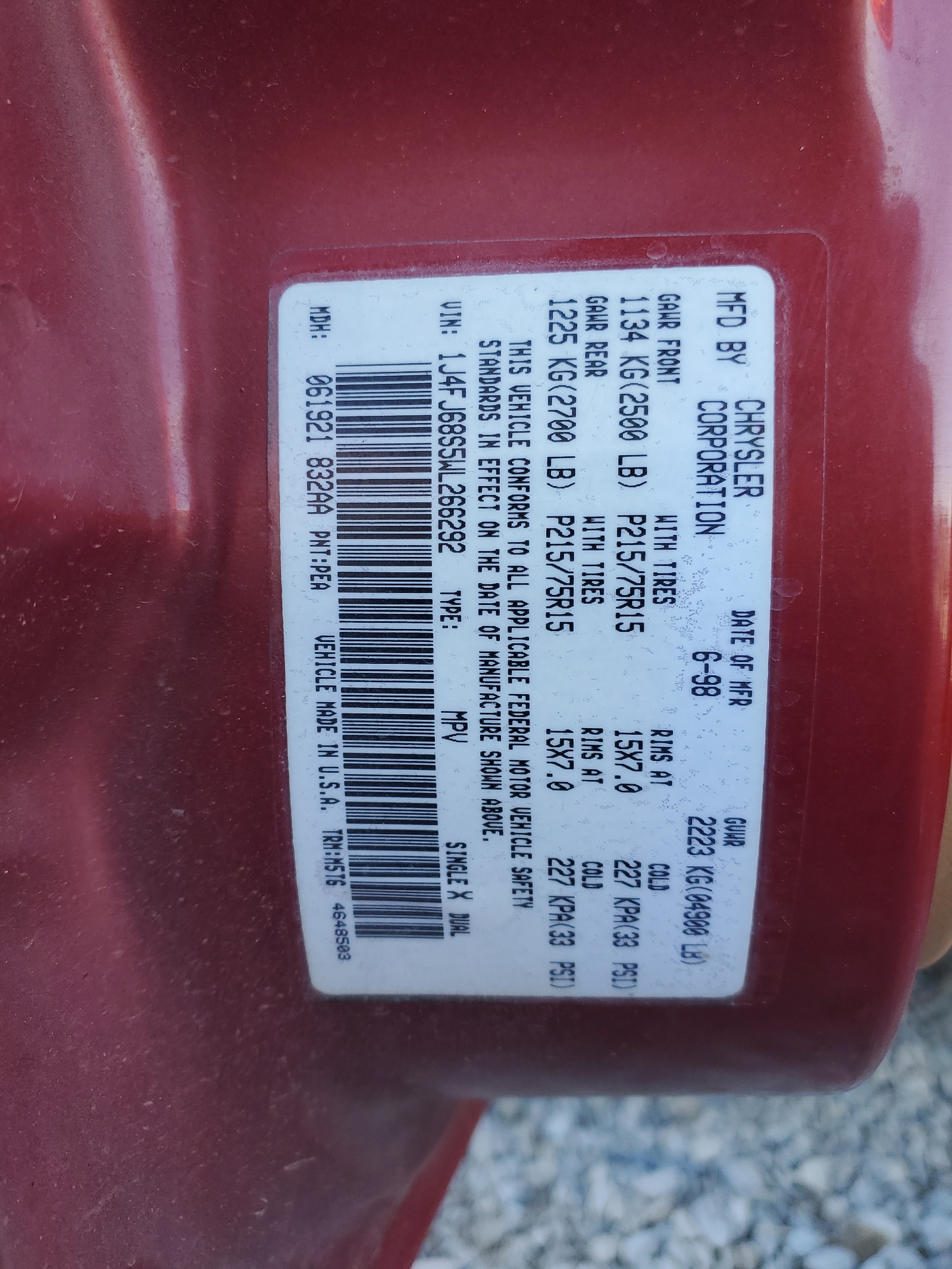 1J4FJ68S5WL266292 1998 Jeep Cherokee Sport