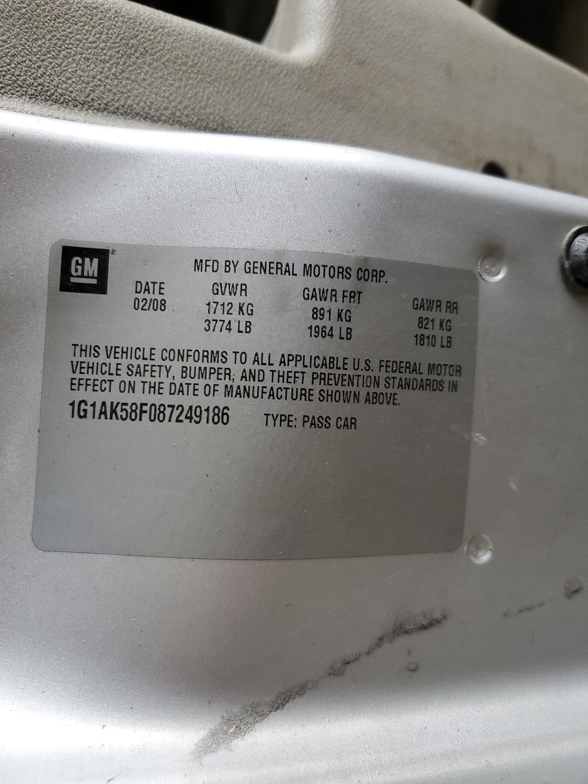 1G1AK58F087249186 2008 Chevrolet Cobalt Ls