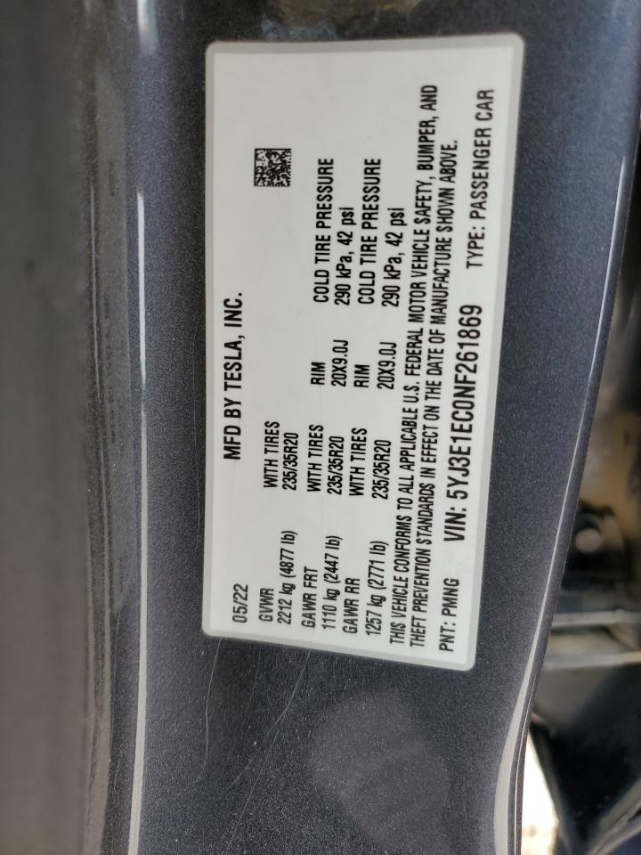 5YJ3E1EC0NF261869 2022 Tesla Model 3