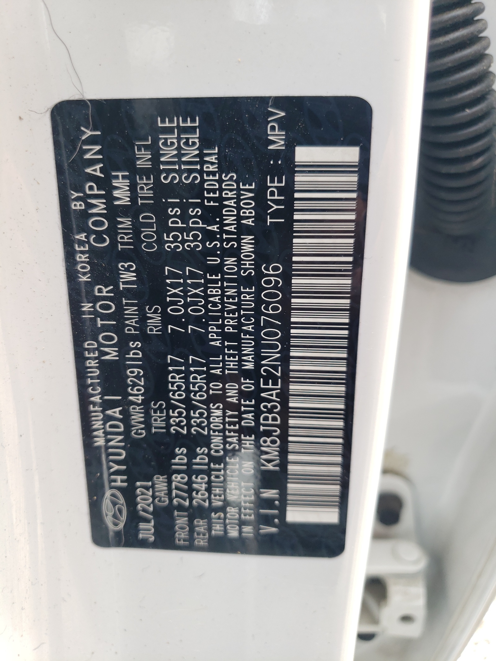 KM8JB3AE2NU076096 2022 Hyundai Tucson Sel