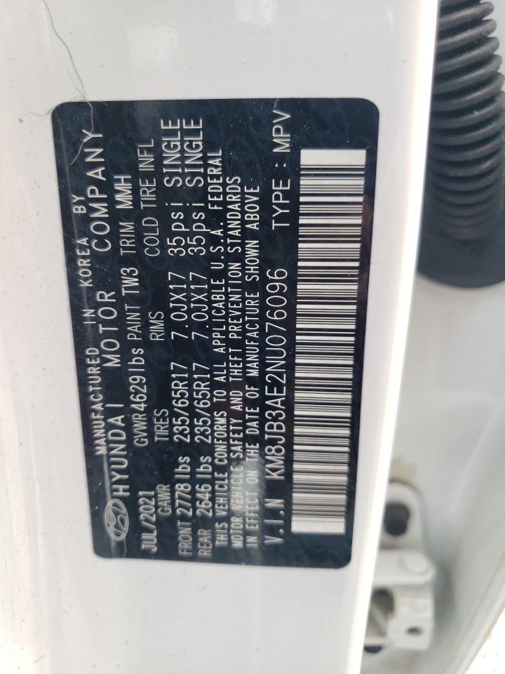 2022 Hyundai Tucson Sel VIN: KM8JB3AE2NU076096 Lot: 55869324