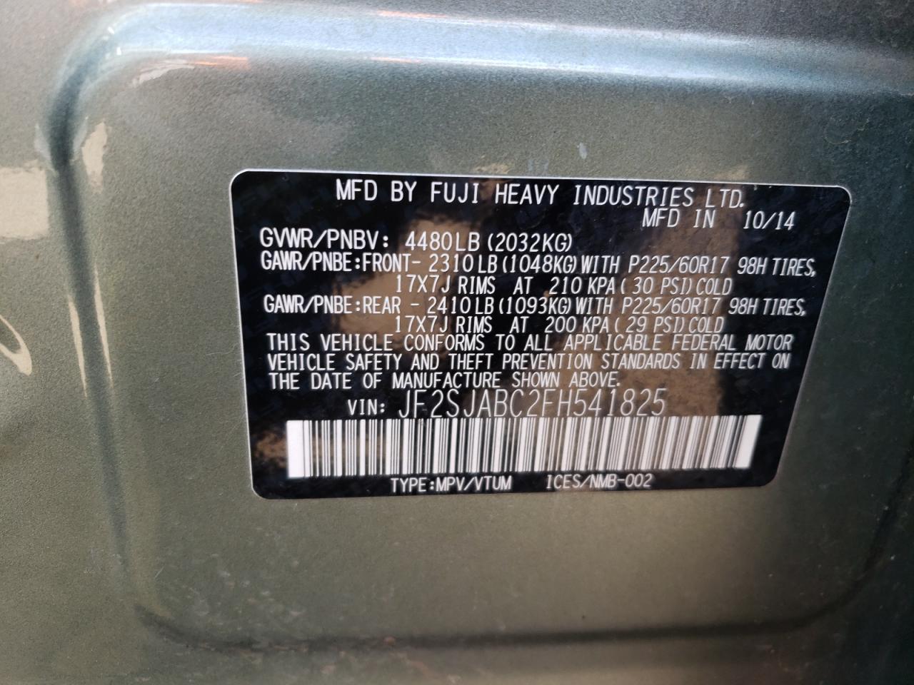 2015 Subaru Forester 2.5I VIN: JF2SJABC2FH541825 Lot: 60474524