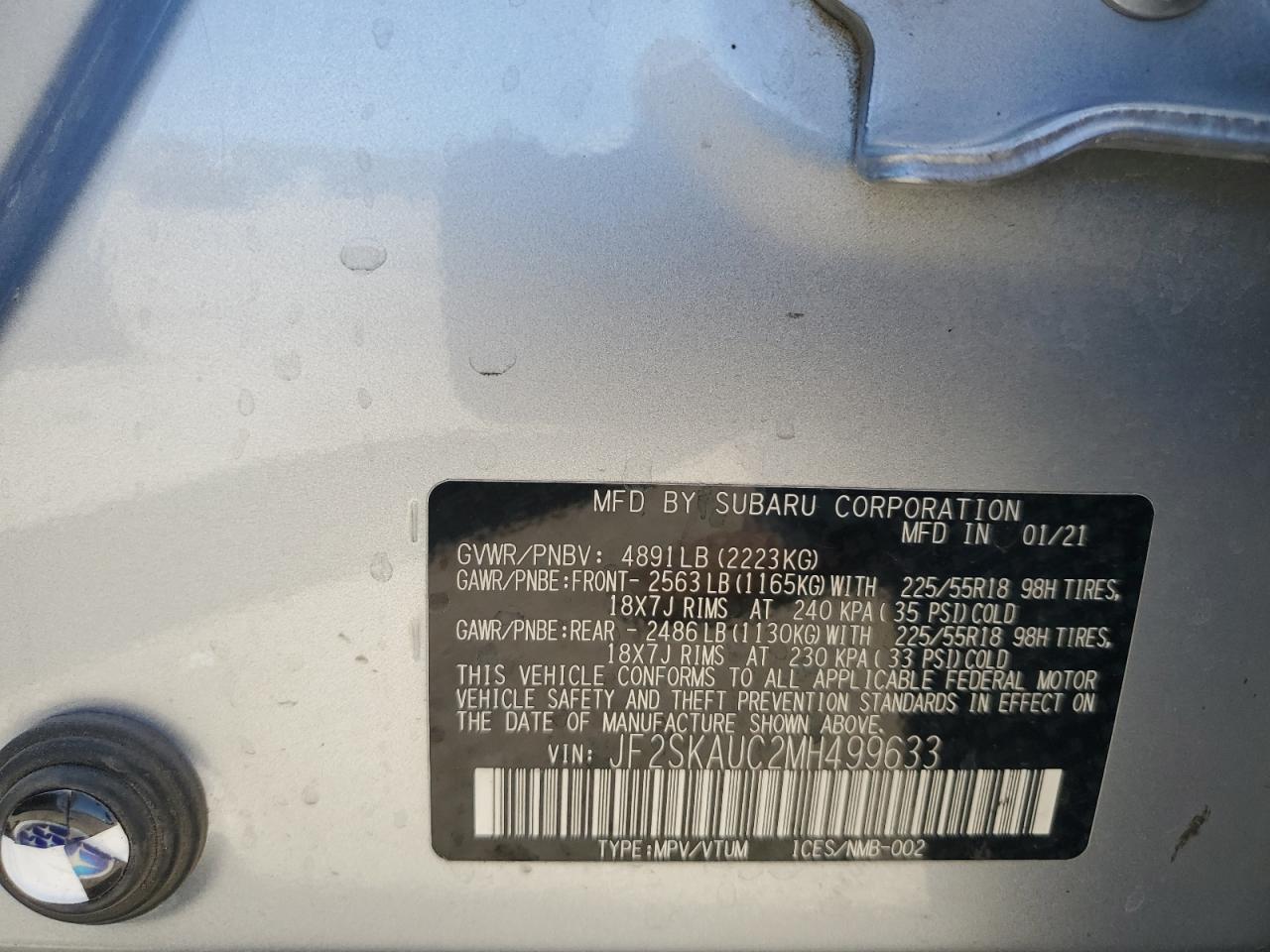 2021 Subaru Forester Limited VIN: JF2SKAUC2MH499633 Lot: 59110944