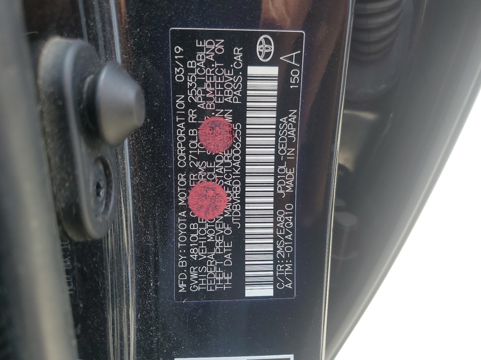 JTDBVRBD1KA006255 2019 Toyota Mirai