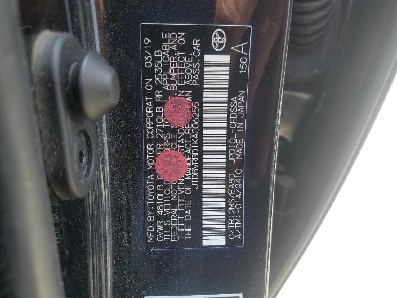 2019 Toyota Mirai VIN: JTDBVRBD1KA006255 Lot: 57982054