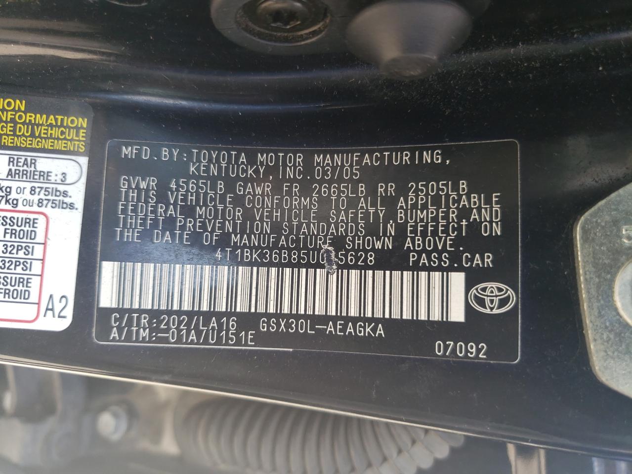 4T1BK36B85U015628 2005 Toyota Avalon Xl