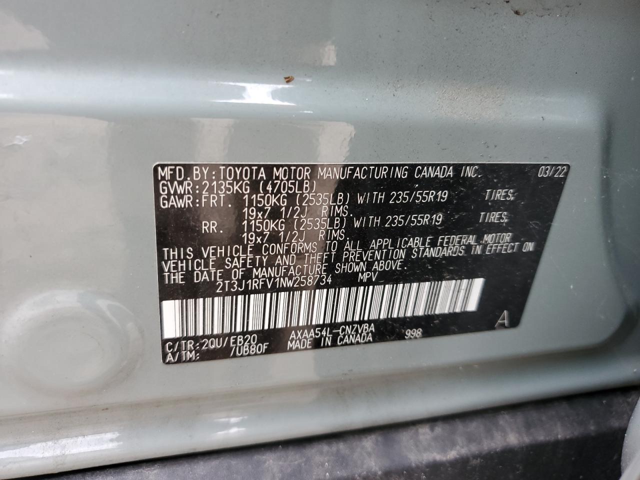 2T3J1RFV1NW258734 2022 Toyota Rav4 Adventure