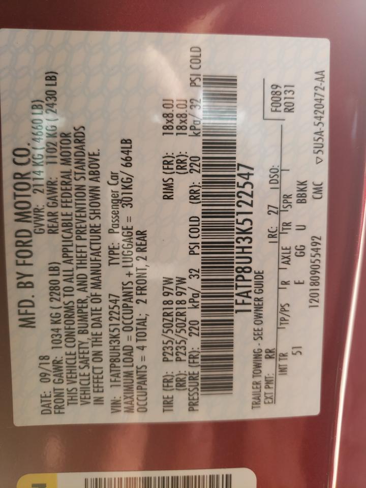 2019 Ford Mustang VIN: 1FATP8UH3K5122547 Lot: 57134184