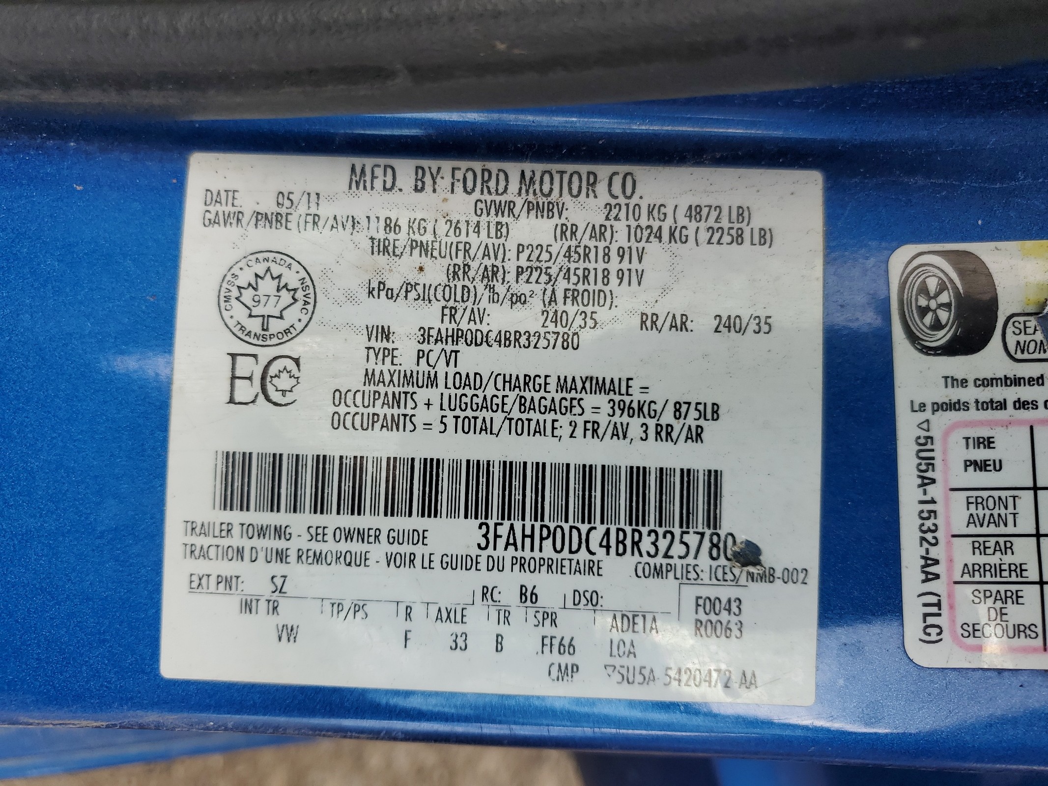 3FAHP0DC4BR325780 2011 Ford Fusion Sport