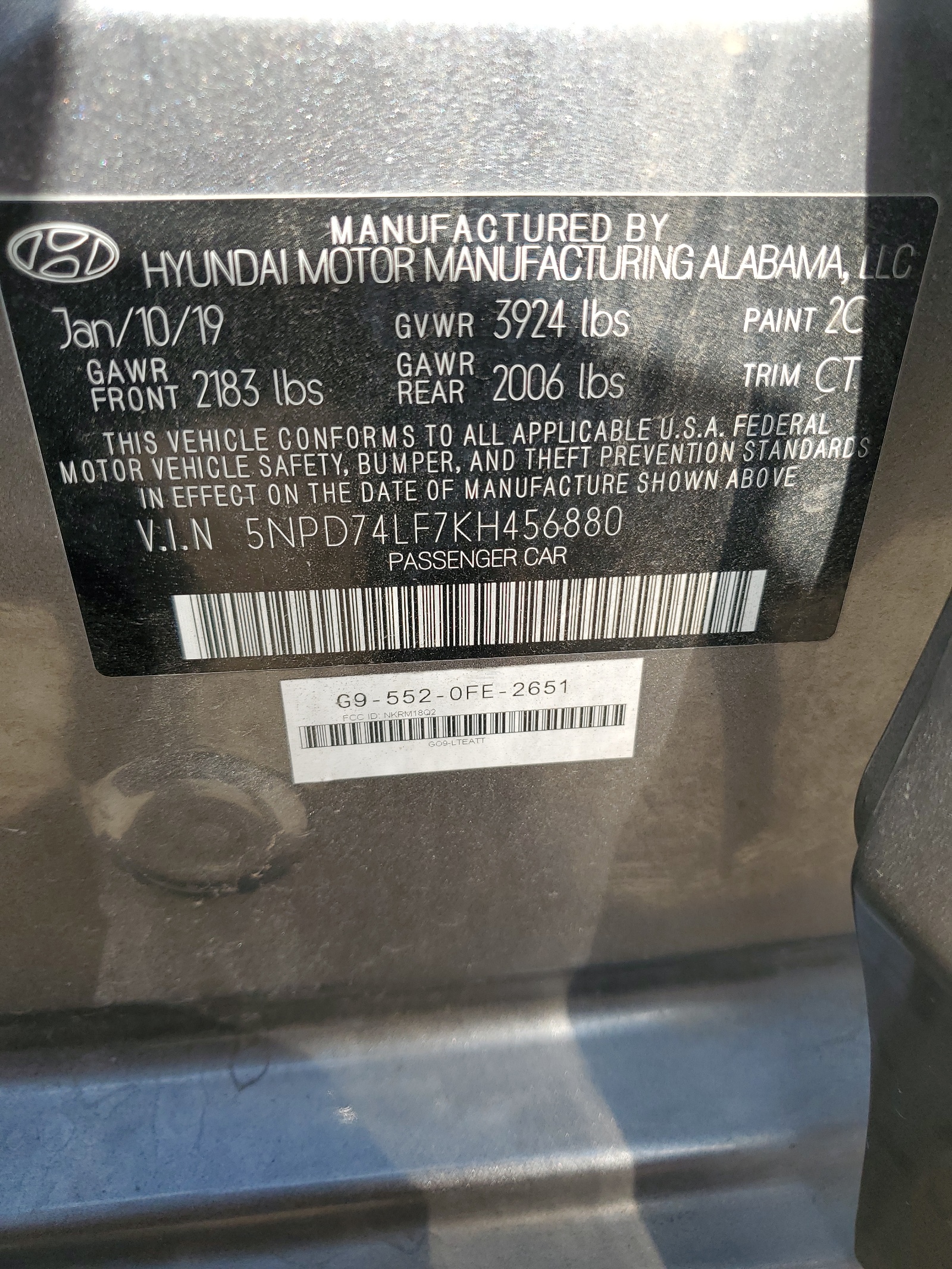 2019 Hyundai Elantra Se vin: 5NPD74LF7KH456880