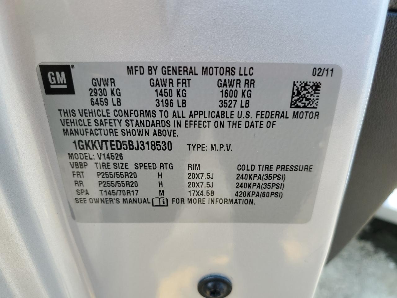 2011 GMC Acadia Denali VIN: 1GKKVTED5BJ318530 Lot: 58727204