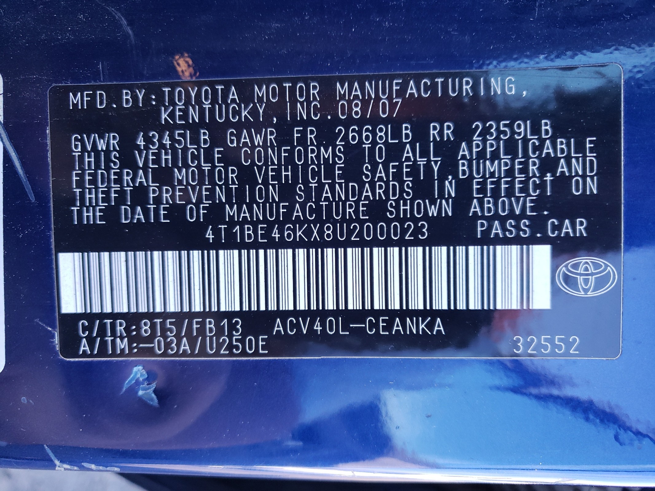 4T1BE46KX8U200023 2008 Toyota Camry Ce