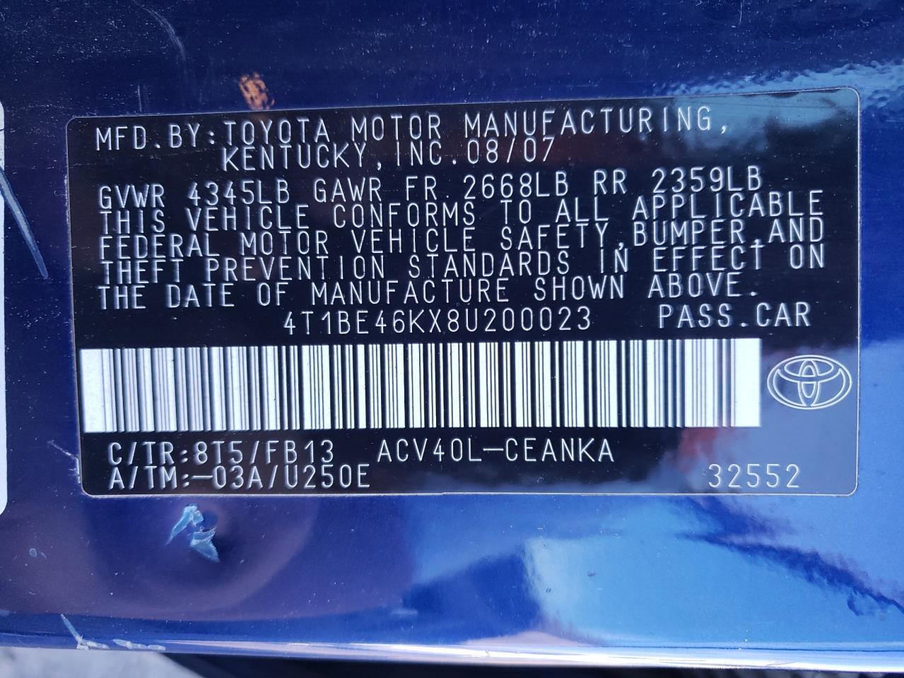 2008 Toyota Camry Ce VIN: 4T1BE46KX8U200023 Lot: 61015944