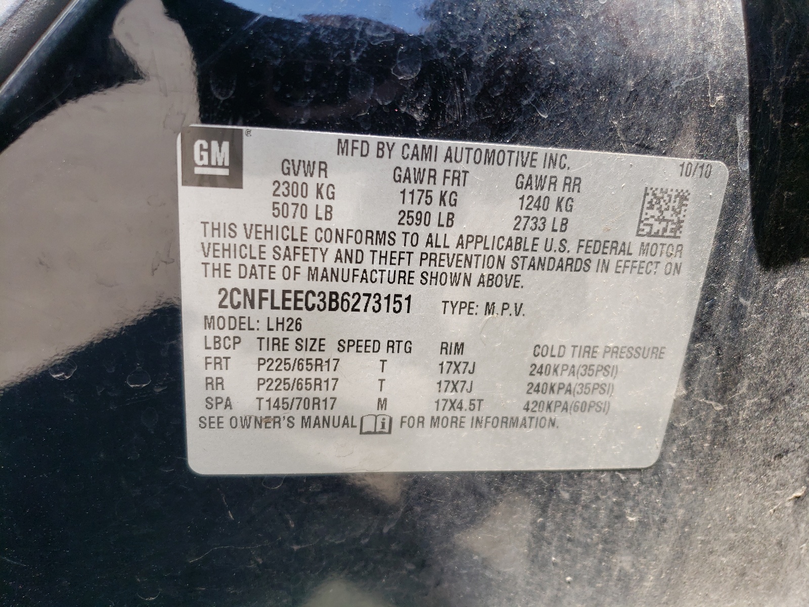 2CNFLEEC3B6273151 2011 Chevrolet Equinox Lt