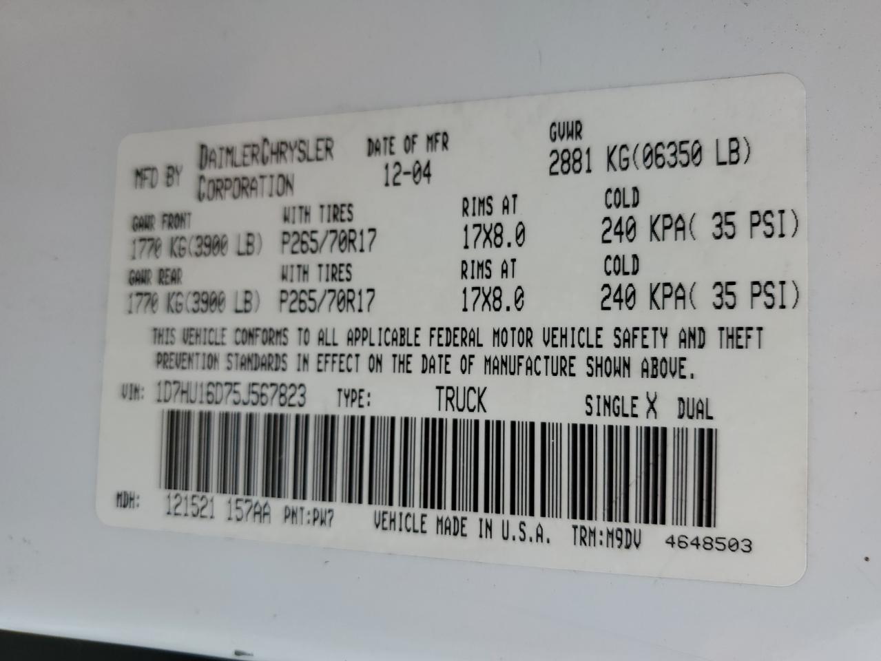 2005 Dodge Ram 1500 St VIN: 1D7HU16D75J567823 Lot: 60420744