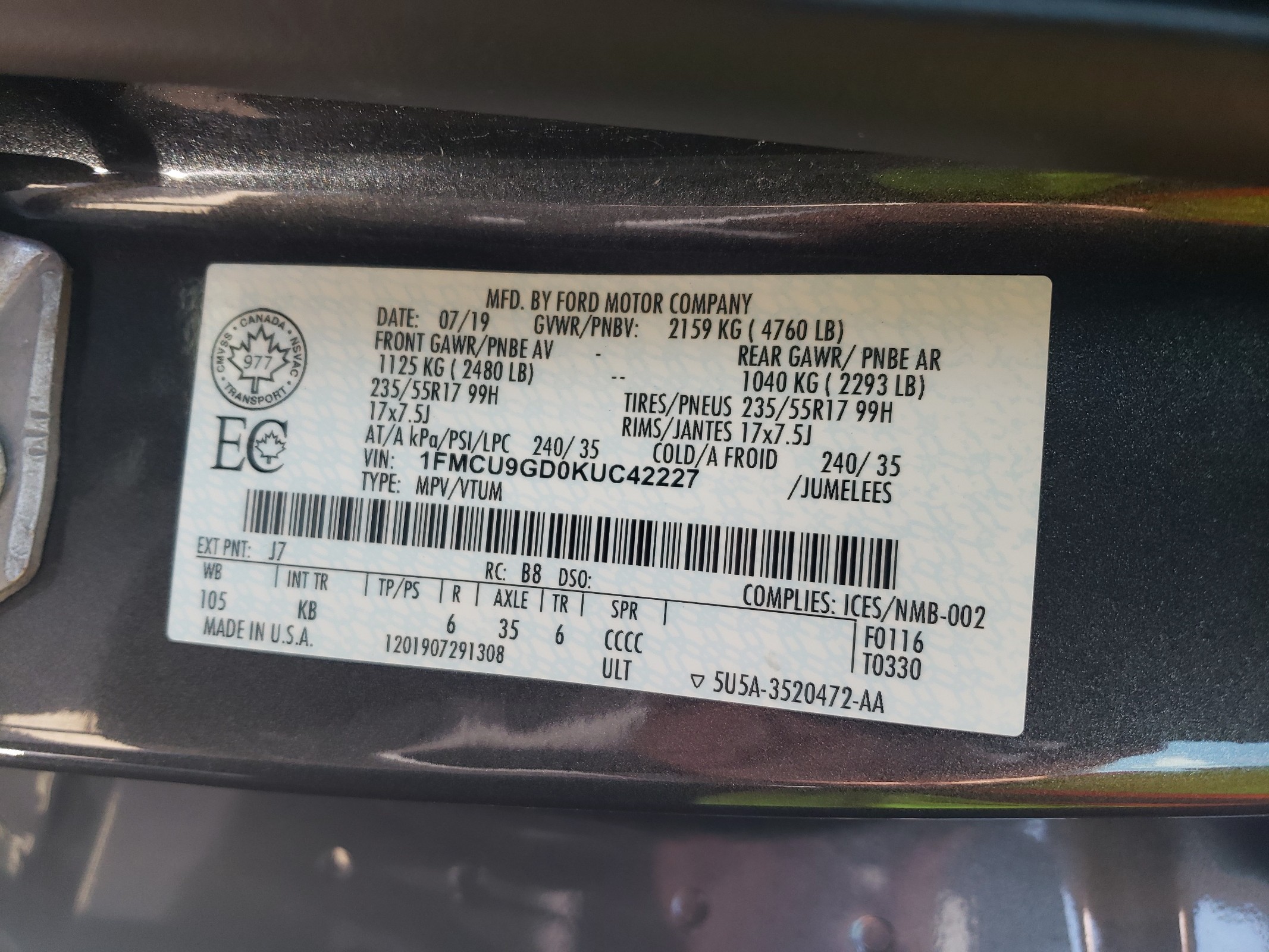 1FMCU9GD0KUC42227 2019 Ford Escape Se