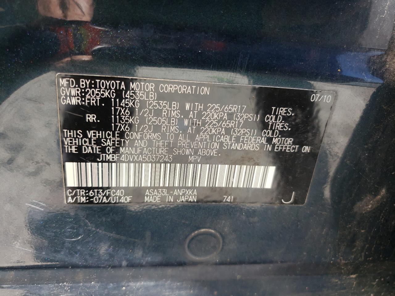 2010 Toyota Rav4 VIN: JTMBF4DVXA5037243 Lot: 58660664