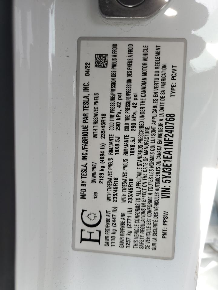 5YJ3E1EA1NF240768 2022 Tesla Model 3