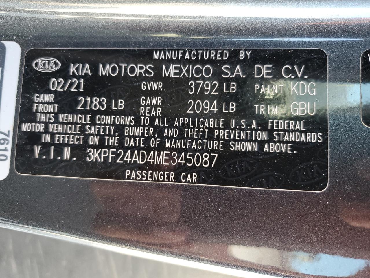 2021 Kia Forte Fe VIN: 3KPF24AD4ME345087 Lot: 58223924