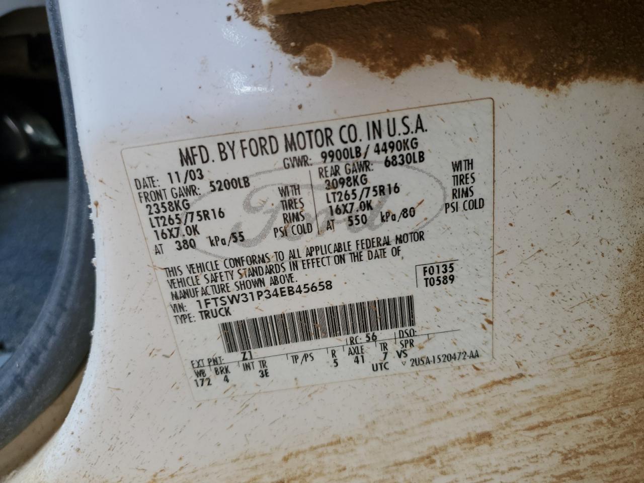 2004 Ford F350 Srw Super Duty VIN: 1FTSW31P34EB45658 Lot: 60426404