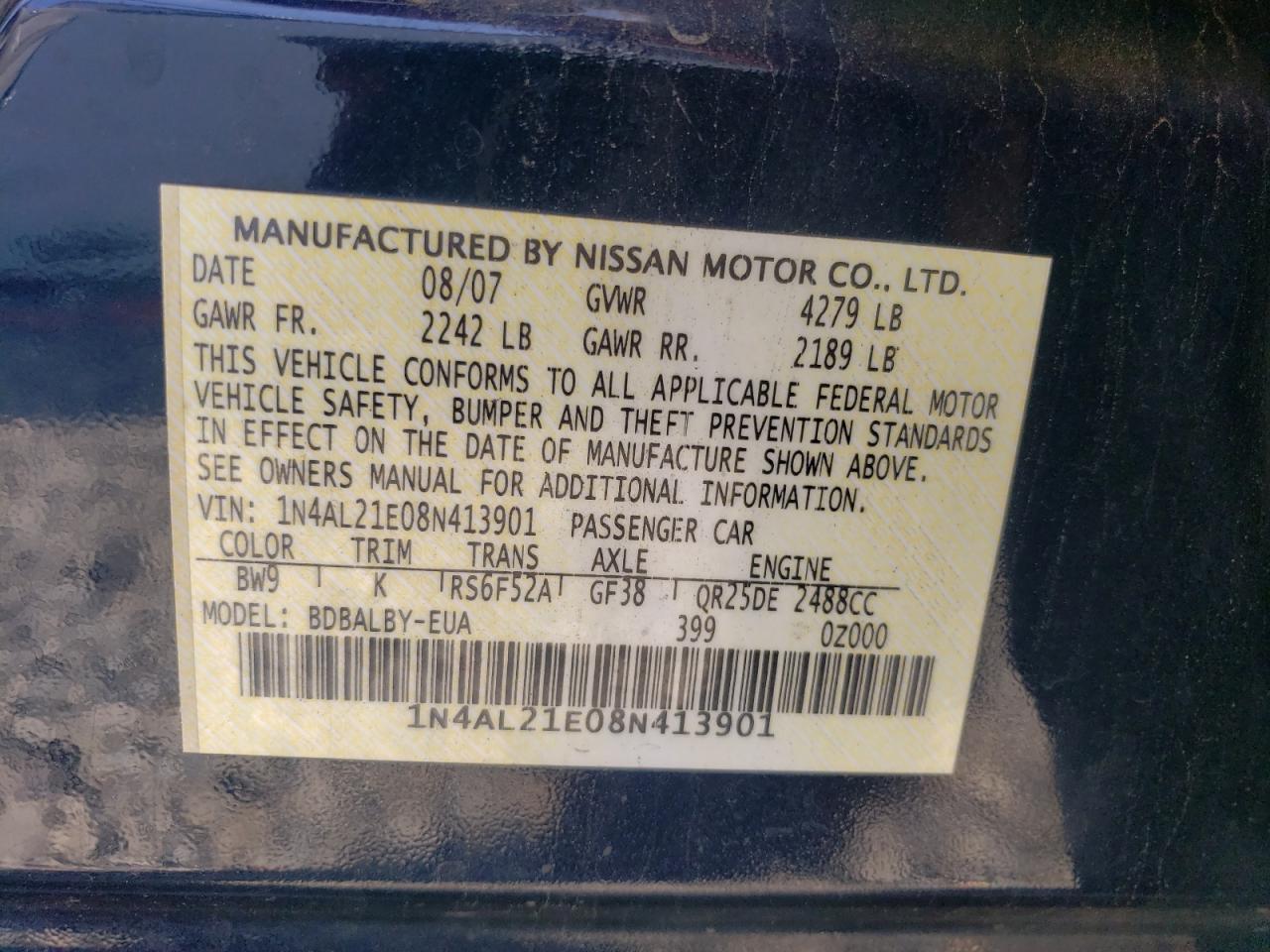 2008 Nissan Altima 2.5 VIN: 1N4AL21E08N413901 Lot: 59476475