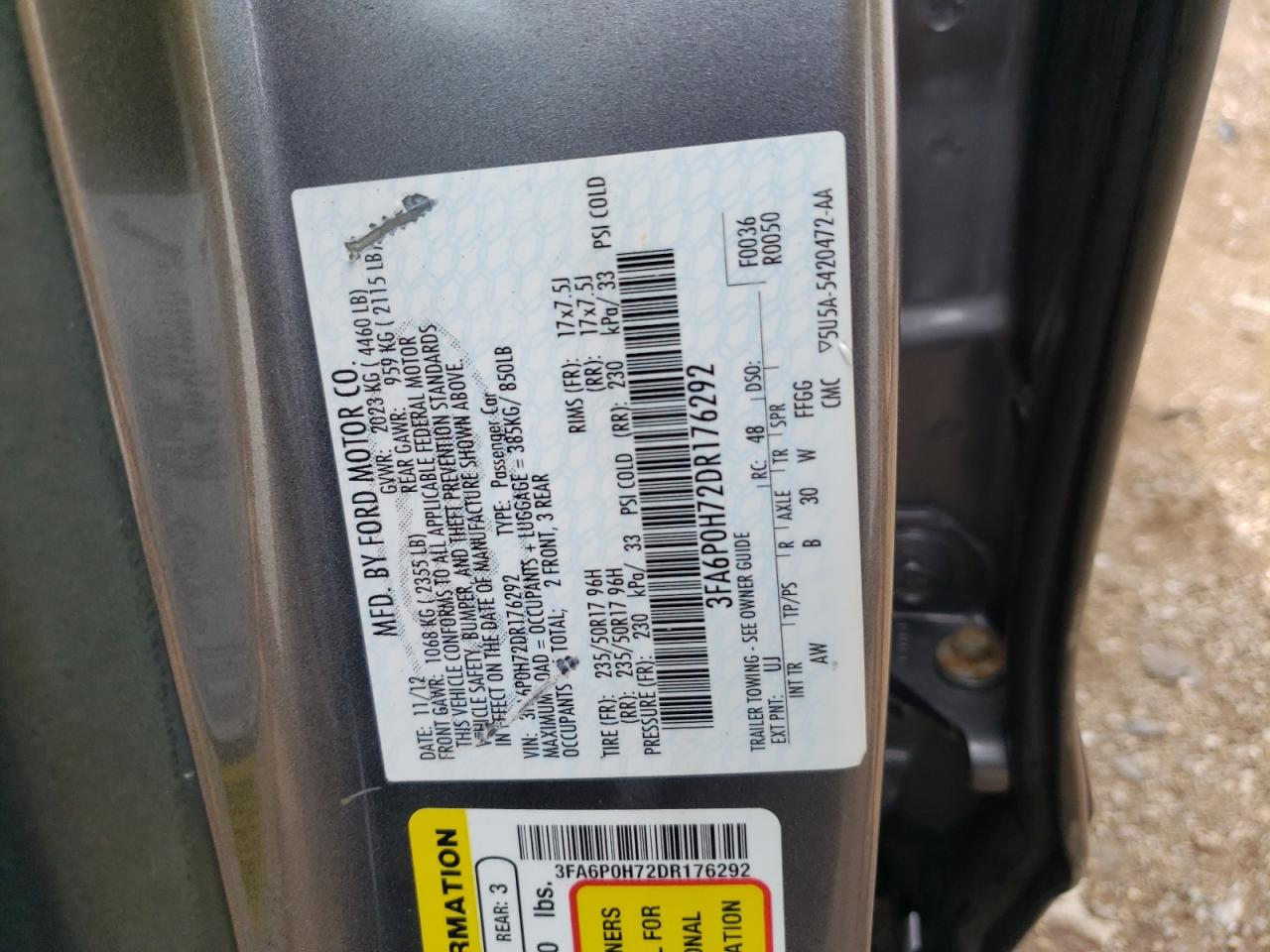 2013 Ford Fusion Se VIN: 3FA6P0H72DR176292 Lot: 60308744