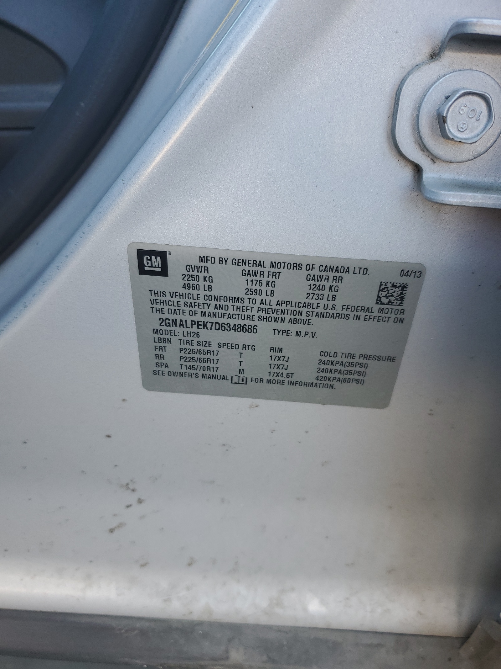 2013 Chevrolet Equinox Lt vin: 2GNALPEK7D6348686