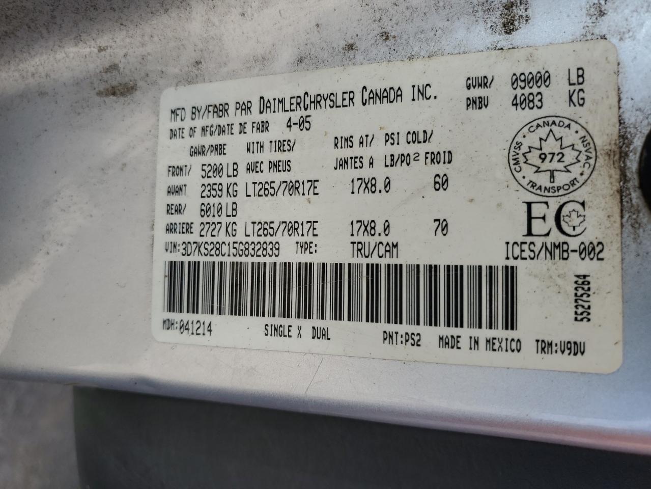 2005 Dodge Ram 2500 St VIN: 3D7KS28C15G832839 Lot: 46579395