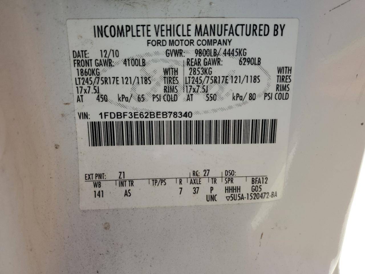 2011 Ford F350 Super Duty VIN: 1FDBF3E62BEB78340 Lot: 58493494