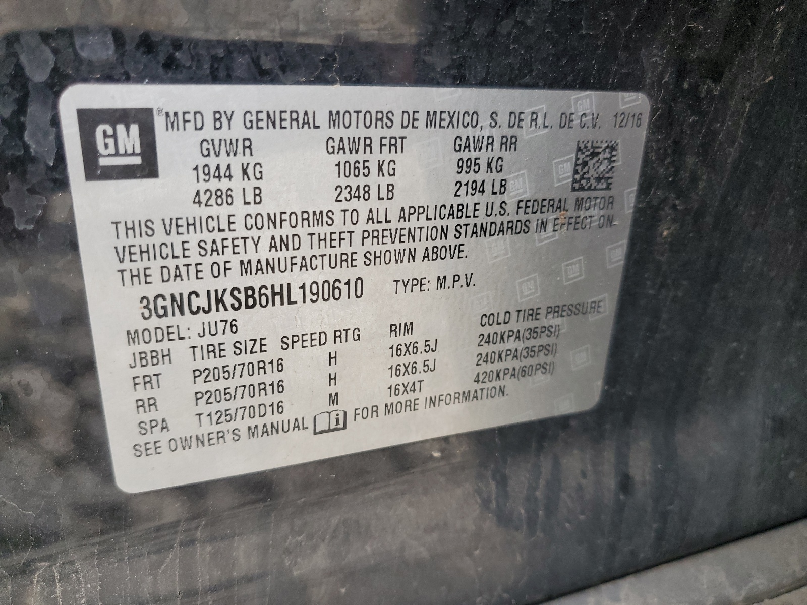 3GNCJKSB6HL190610 2017 Chevrolet Trax Ls